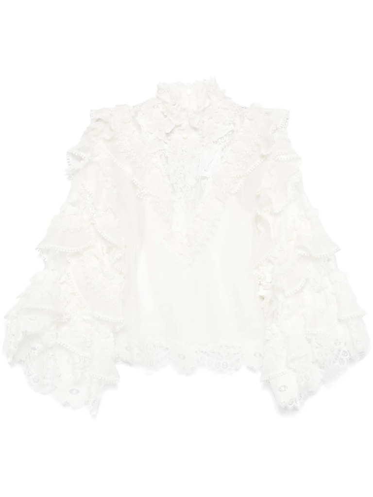 Zimmermann Crush Lace-Trimmed White Ruffle Linen-Silk High-Neck Top